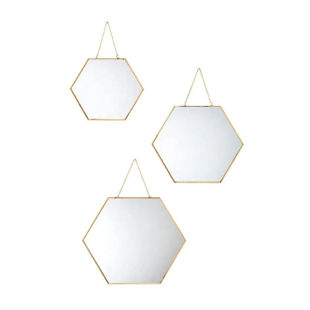 new Set of 3 Wild Sage Hexagon Gold-tone Wall Mirrors with Chains